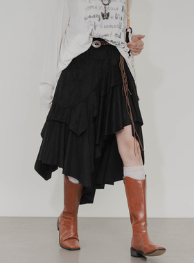 不规则麂皮绒半身裙松紧高腰荷叶边设计感显瘦百搭A字复古中长裙