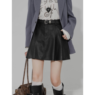 复古PU皮半身裙女高腰A字宽松显瘦百搭防走光内衬气质褶皱短裙