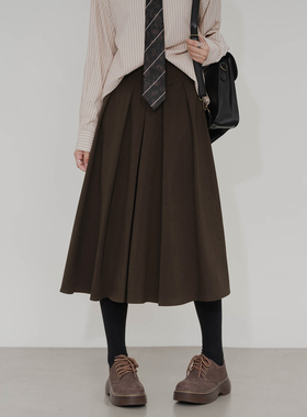 高腰A字毛呢半身裙女简约垂感大摆百褶裙宽松显瘦复古休闲中长裙
