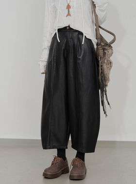 高腰阔腿皮裤女半松紧腰拼接宽松显瘦休闲裤酷感百搭复古九分裤