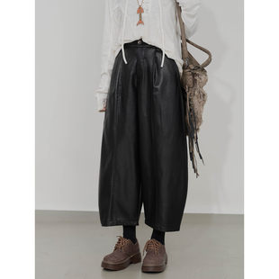 酷感百搭复古九分裤 高腰阔腿皮裤 女半松紧腰拼接宽松显瘦休闲裤