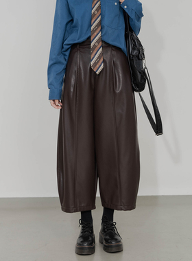 PU皮阔腿裤女半松紧腰高腰拼接宽松显瘦百搭酷感休闲复古九分裤
