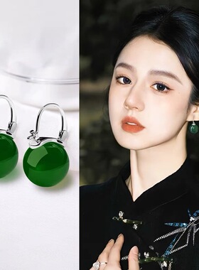 天然玛瑙绿色S925纯银耳环女长款圈复古耳坠时尚大气耳饰品防过敏