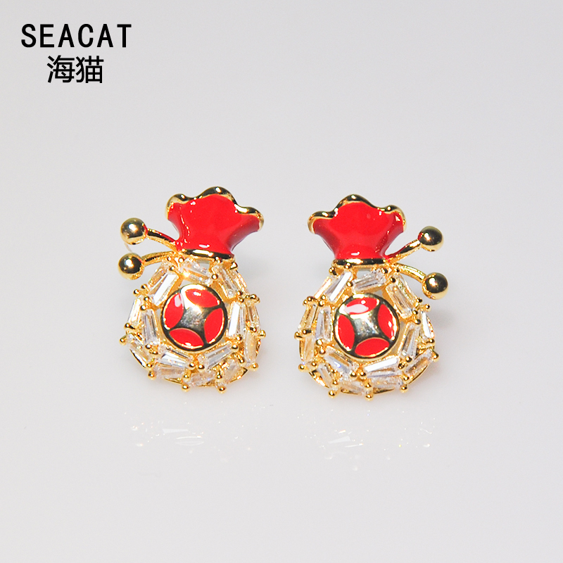 民族风镶嵌锆石钱袋耳钉喜庆钱币气质耳环S925纯银针耳坠新年礼物