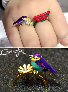 2025年新款潮新年鸟语花香立体画眉鸟雏菊花朵戒指指环女节日礼物