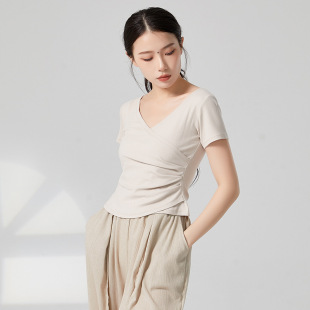 短袖民族现代舞蹈形体基本功训练功服装交叉V领修身褶皱上衣共妍