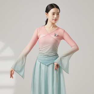 共妍国风渐变古典舞艺考演出练功服蝴蝶交叉V领仙气身韵长袖 纱衣