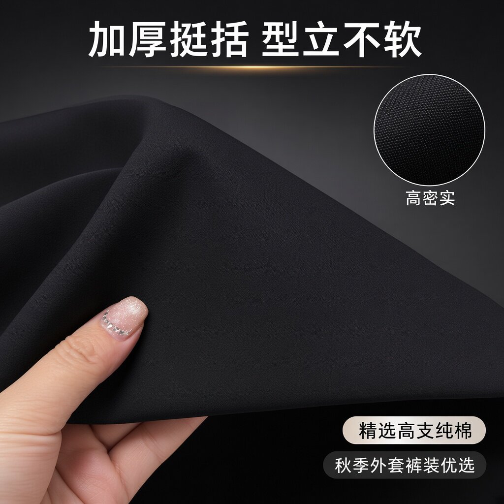 挺括加厚款黑色高支纯棉梭织面料衬衫休闲裤子马甲风衣全棉布料秋