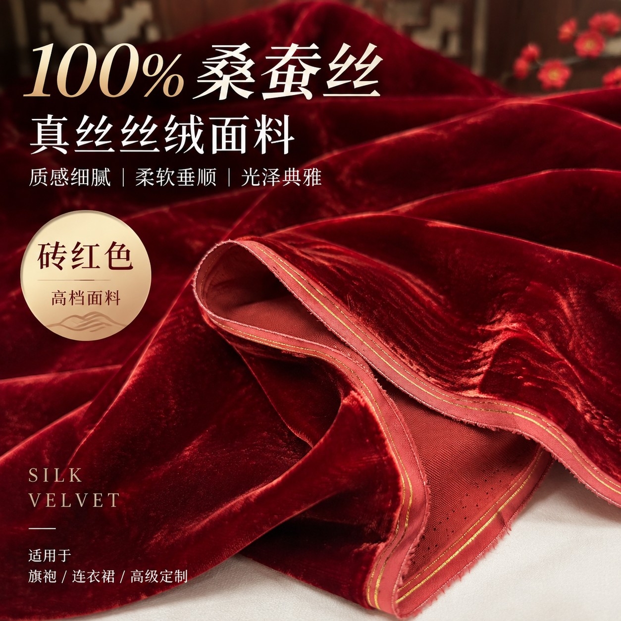 100%桑蚕丝砖红色真丝丝绒绸缎面料旗袍连衣裙天鹅绒金丝绒布料秋