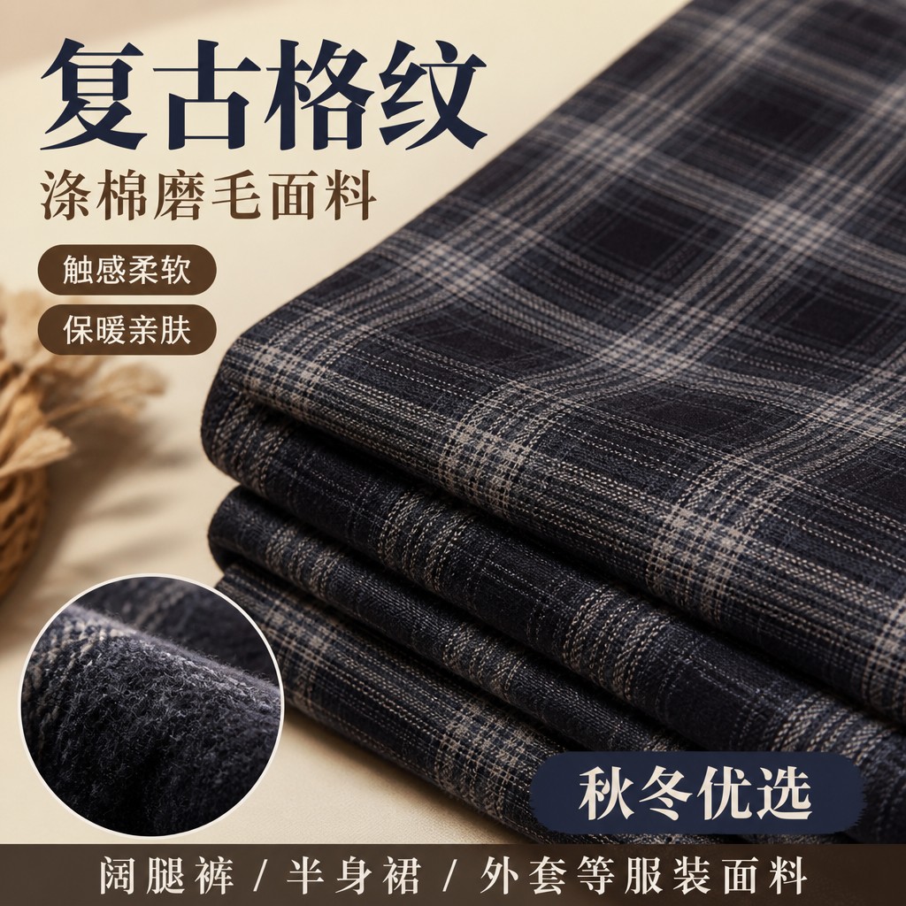 藏青色/灰紫色格子复古涤棉磨毛面料阔腿裤半身裙子格纹布料秋冬