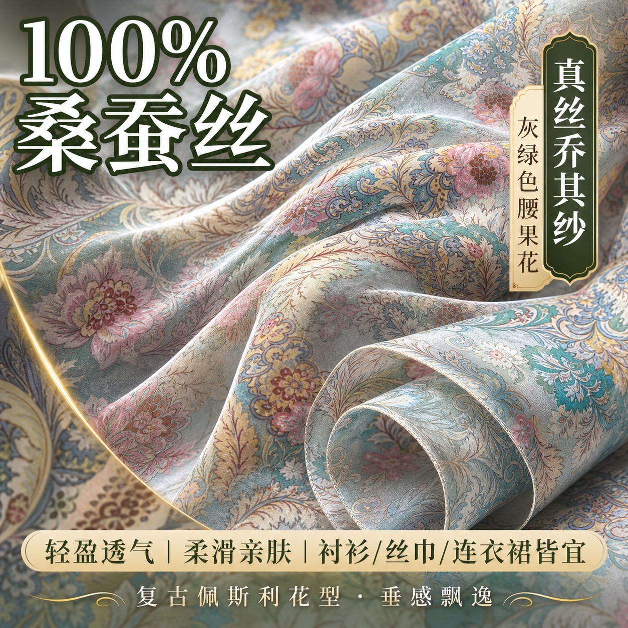 100%桑蚕丝粉绿色佩斯利腰果花真丝乔其纱布料衬衫丝巾丝绸缎面料图片