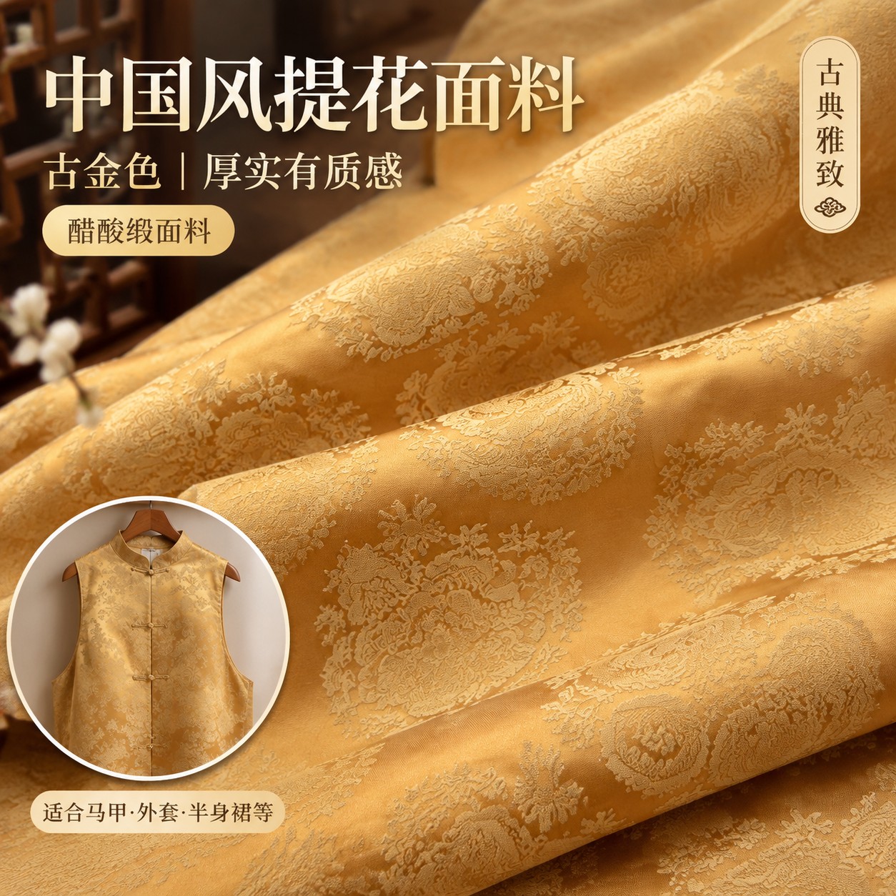厚款中国风古金色提花棉醋酸缎面料马甲外套上衣半身裙布料春秋冬