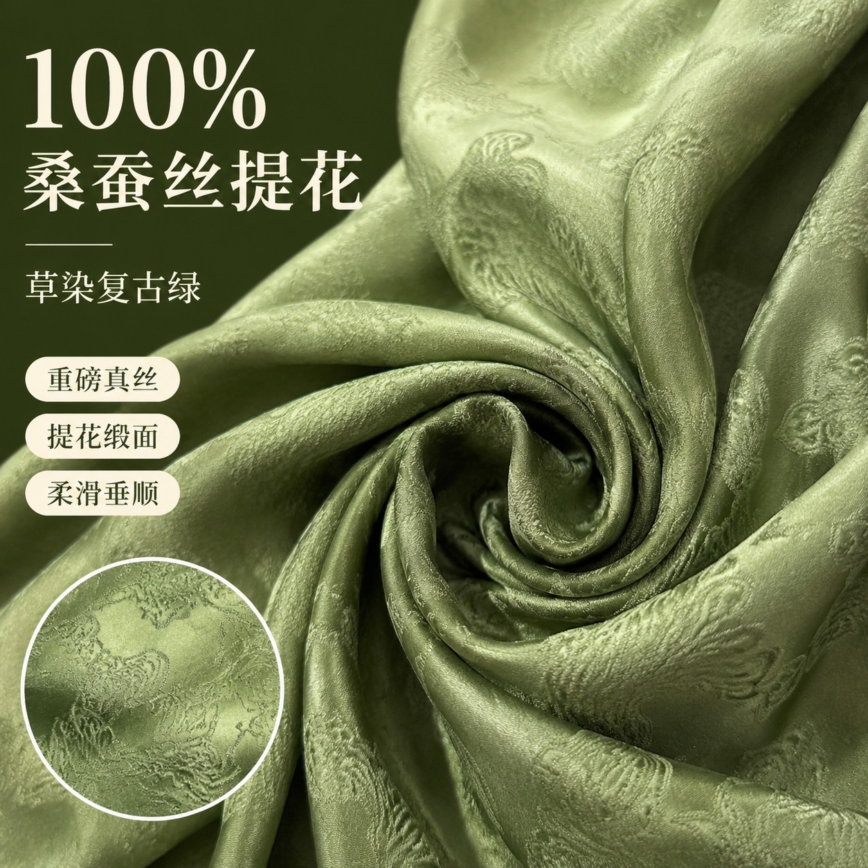 100%桑蚕丝重磅复古绿色草染真丝提花萝布料旗袍连衣裙丝绸缎面料