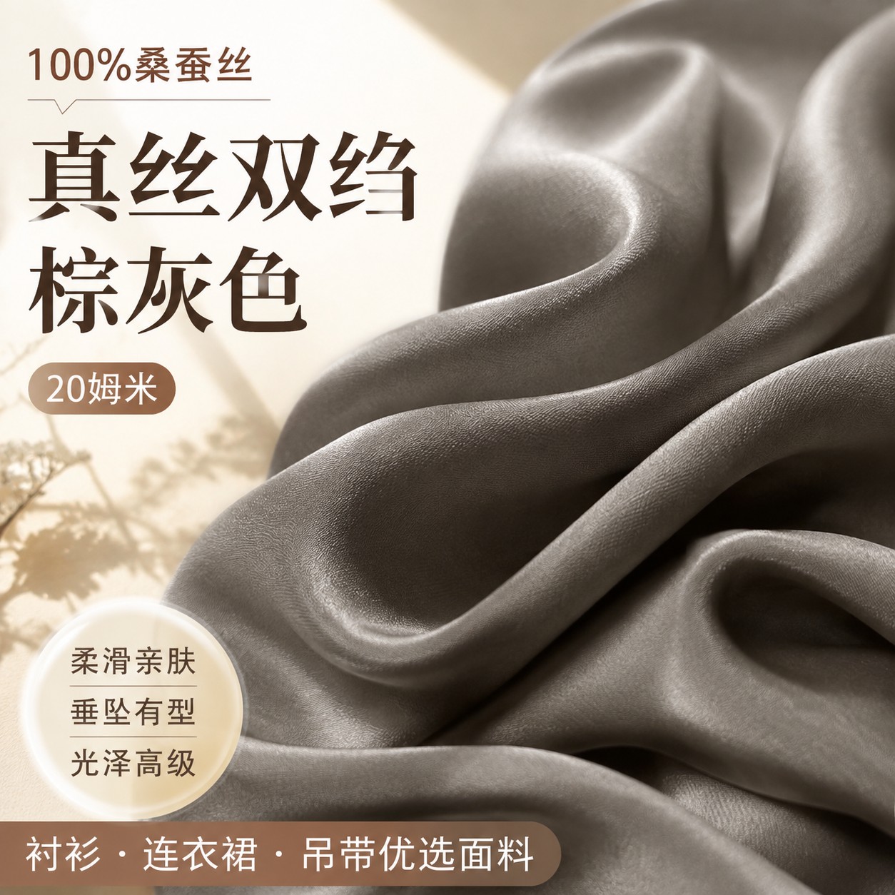 100%桑蚕丝棕灰色20姆米真丝双绉布料衬衫连衣裙吊带丝绸缎面料夏