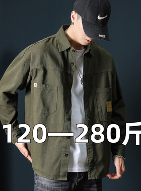 春秋男士大码牛仔衬衫宽松工装户外夹克军绿色胖子加肥加大外套潮
