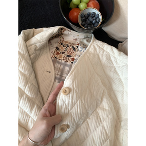 Motzu 日系小众碎花奶白菱格棉衣短外套女2023冬季新款短款棉服