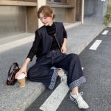 时尚拉链马甲背心牛仔阔腿裤套装女2025秋帅气坎肩直筒长裤两件套，商品下架区，菡迪欧娜