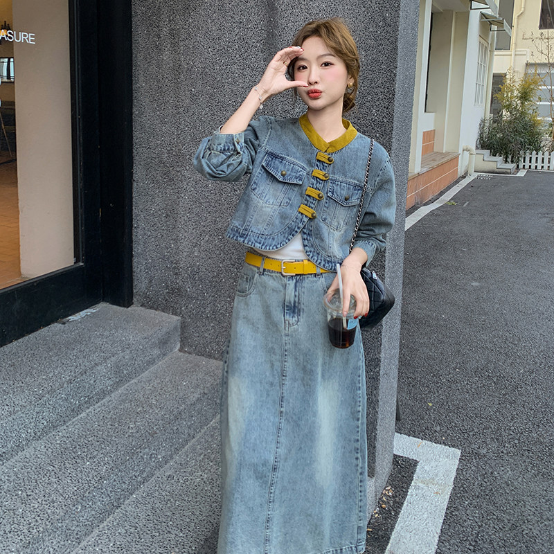 新品撞色牛仔外套+半身裙套装配皮带6015-P185-K268,女装套装/套裙,2C075