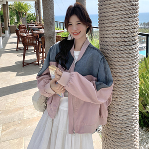 韩系牛仔拼接棒球服外套女2025秋新款小众设计感气质减龄夹克上衣图片