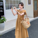 南瓜色甜美休闲显瘦桔梗a字裙夏季新款泡泡袖赫本风时尚连衣裙女，女装连衣裙，2C075