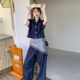 新品港风复古牛仔马甲丝巾阔腿裤三件套6095-P175-K248，女装套装/套裙，2C075