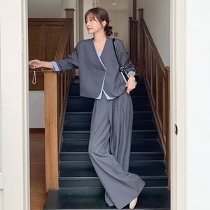 韩系高级感时尚灰色西装套装女2025春季新款休闲宽松阔腿裤两件套图片