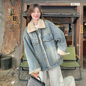 新品 主推款现货 仿水貂毛牛仔派克服保暖外套,719-P205-K308，女装短外套，菡迪欧娜