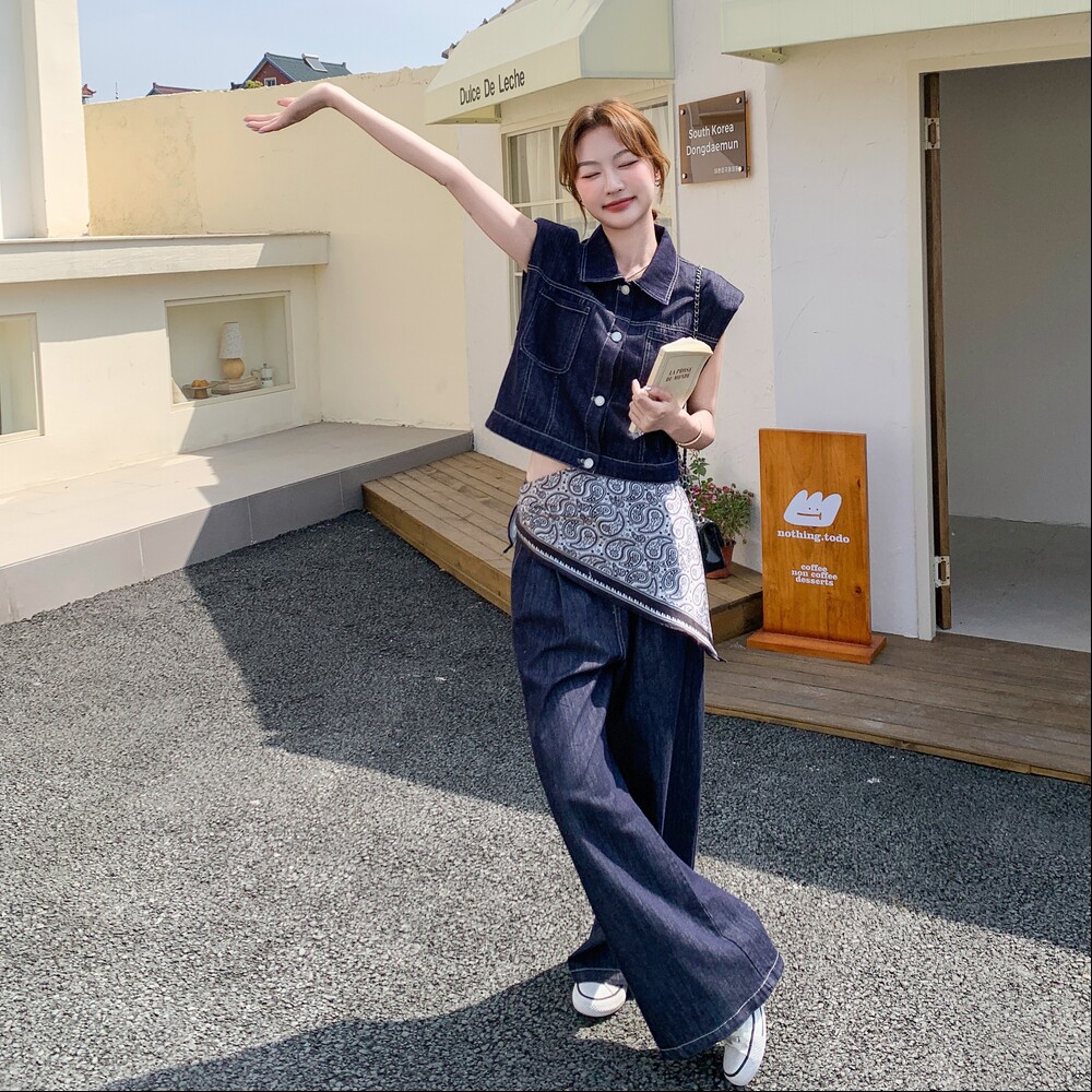 新品港风复古牛仔马甲丝巾阔腿裤三件套6095-P175-K248,女装套装/套裙,2C075