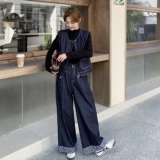 时尚拉链马甲背心牛仔阔腿裤套装女2025秋帅气坎肩直筒长裤两件套，商品下架区，菡迪欧娜