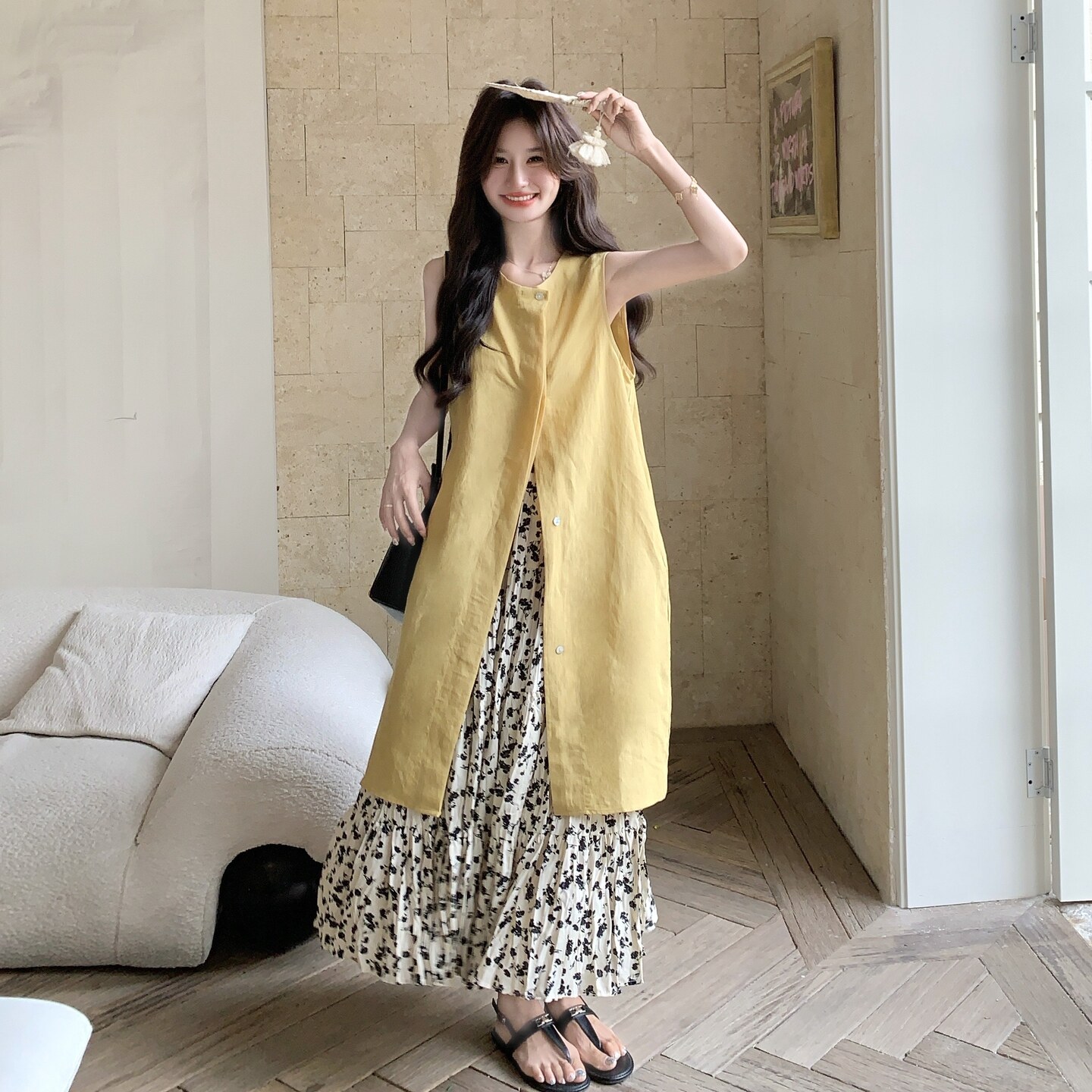 棉麻衬衫连衣裙碎花半身裙套装女夏2025新款巨好看小众漂亮两件套,女装套装/套裙,2C075