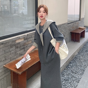 灰色格子拼接连帽卫衣套装裙女2025春秋新款韩版宽松减龄两件套潮图片