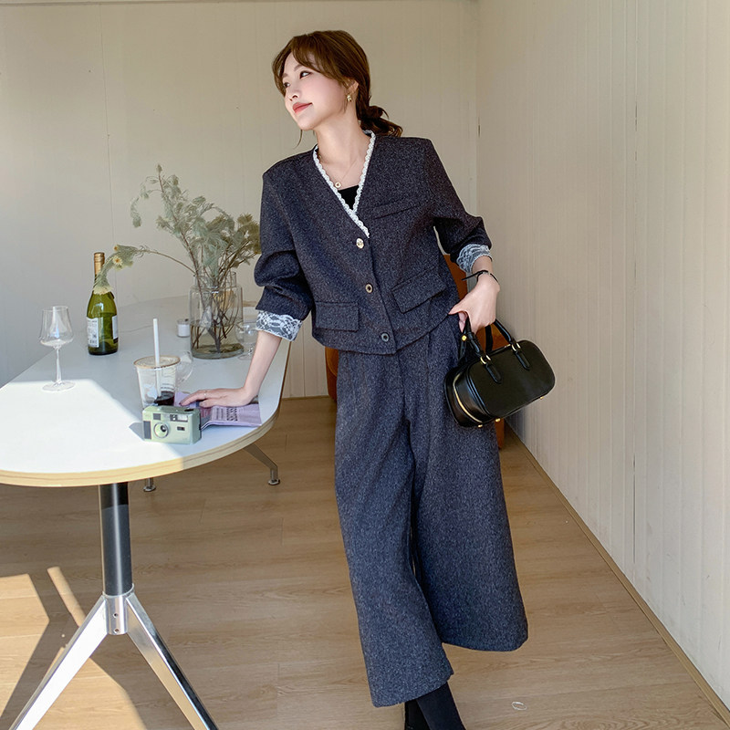 新品蕾丝拼接上衣+八分阔腿裤两件套套装6009-P175-K258,女装套装/套裙,2C075
