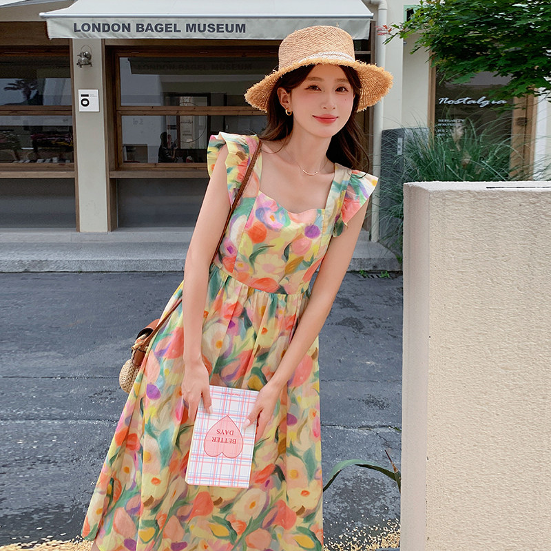 新品现货温柔风油画印花方领显瘦连衣裙2C075-398-P115-K168,女装连衣裙,菡迪欧娜
