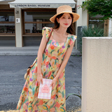 新品现货温柔风油画印花方领显瘦连衣裙2C075-398-P115-K168，女装连衣裙，菡迪欧娜