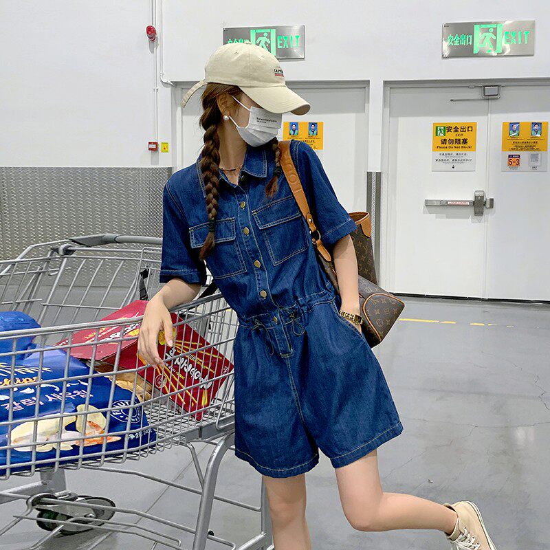 工装牛仔连体短裤女2023夏新款小个子高腰显瘦高级感连身衣裤套装,女装连体裤,菡迪欧娜