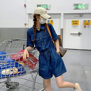 工装牛仔连体短裤女2023夏新款小个子高腰显瘦高级感连身衣裤套装图片