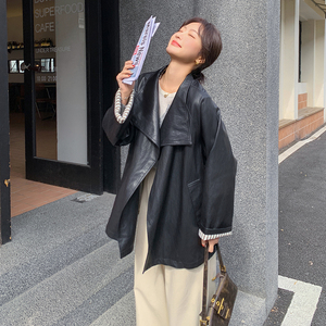 黑色高级感皮衣风衣外套女2025春季新款轻熟风复古系带显瘦上衣潮图片