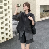 复古设计感套装女2025秋新款小个子轻熟风撞色拼接衬衫短裤两件套，女装套装/套裙，2C075