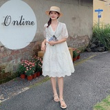 新品现货重工刺绣肌理感宽松泡泡袖V领连衣裙2C075-155-P145-K208，女装连衣裙，菡迪欧娜