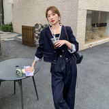 新品蕾丝拼色牛仔气质减龄休闲阔腿裤两件套6020-P185-K258，女装套装/套裙，菡迪欧娜