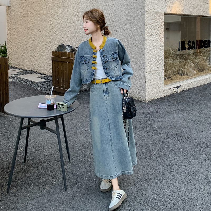 高级感港风复古牛仔套装女2025年新款春季时尚设计感半身裙两件套，女装套装/套裙，菡迪欧娜