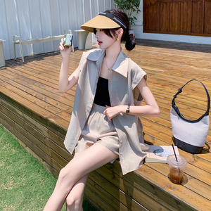 森系休闲风INS风时尚套装西装吊带无袖气质宽松上衣显瘦小个子图片