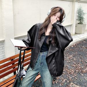 棕色机车风皮衣夹克女5025春秋新款美式街头随性宽松小个子外套潮图片