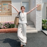 气质米白色蕾丝拼接马甲套装裤女夏2025新款盐系轻熟高级感两件套，女装套装/套裙，2C075