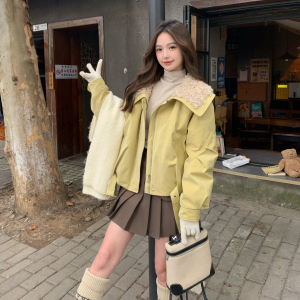 新品大货主推款 羊羔毛拼接90白鸭绒内胆派克服外套896-P295-K438，女装羽绒服，菡迪欧娜