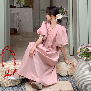 新品 法式温柔风粉色泡泡袖连衣裙女长裙2C075-383-P125-K178图片