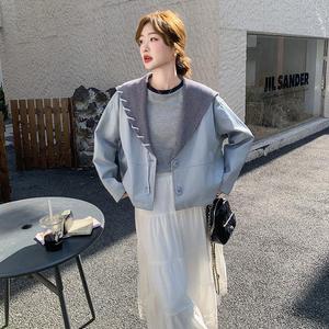 新品 针织v领大翻领拼接皮短款外套2C075-6016-P165-K248图片