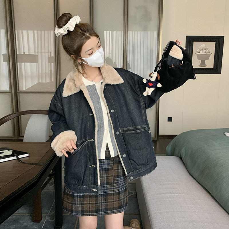 新款现货牛仔派克服内胆兔毛保暖外套2C075-281-P185K268,女装短外套,菡迪欧娜