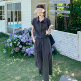 韩系设计感工装连衣裙女2025夏季新款小众超好看收腰显瘦衬衫长裙，女装套装/套裙，2C075