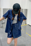 复古港风牛仔阔腿裤套装女夏季2025新款高级感宽松上衣短裤两件套，女装套装/套裙，2C075